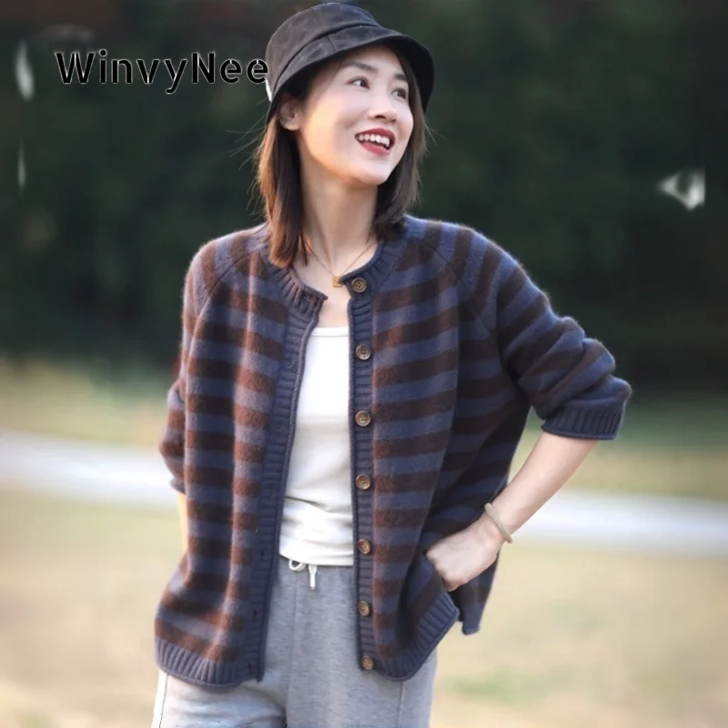 WinvyNee Cardigan en cachemire pour femme, rayé artistique, doux, léger, élégant, urbain, simple, gracieux, tricot fin, haut d'extérieur B1044055B