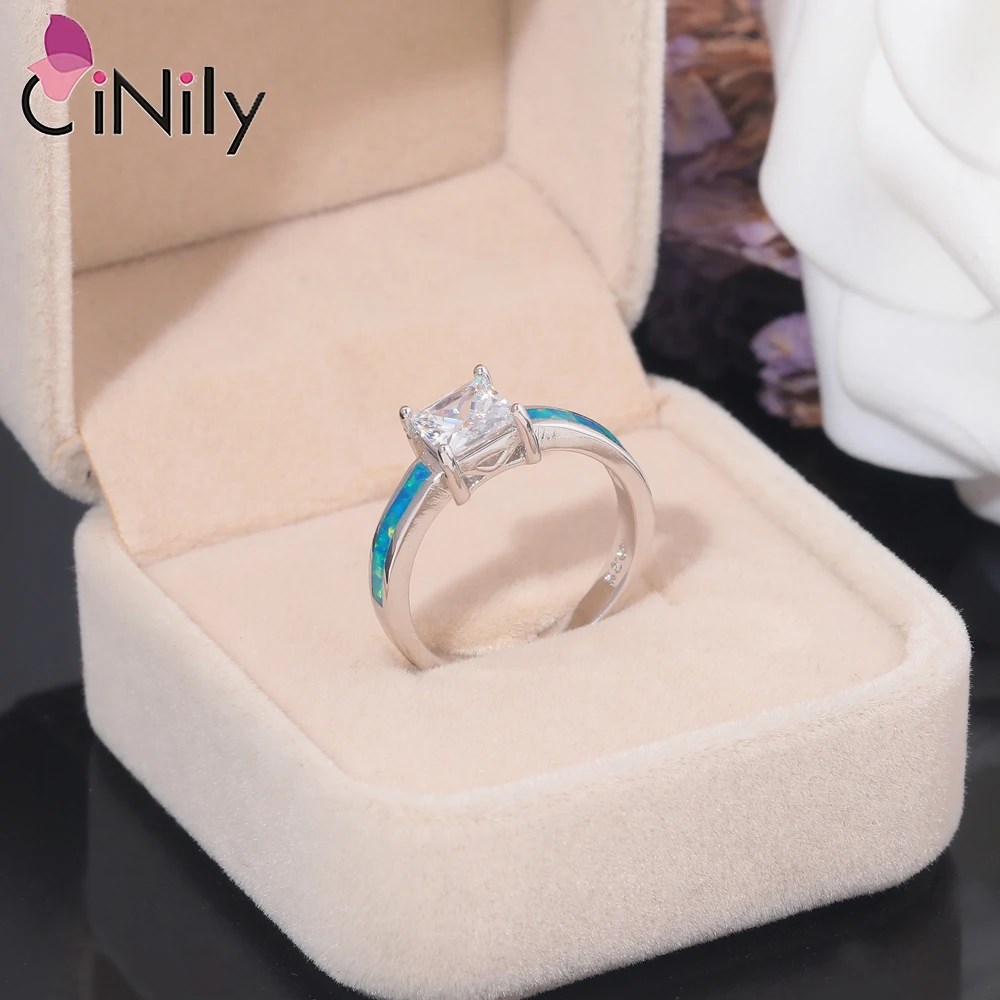 

Кольца CiNily Created с синим огненным опалом и квадратным белым цирконом серебряного цвета, модные украшения для женщин, обручальное кольцо, размер 6-8