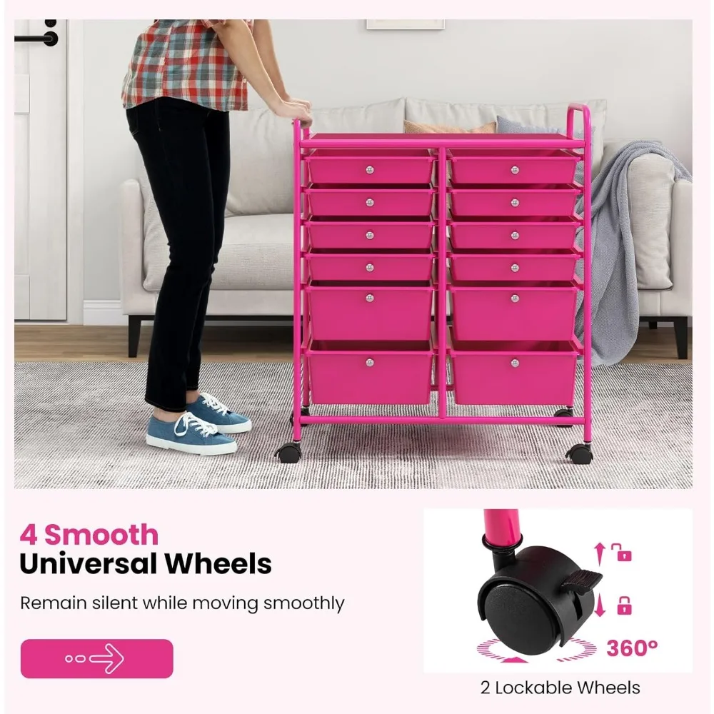 Wielofunkcyjny wózek metalowy na kółkach z 12 szufladami zamykanymi na klucz i wózkiem narzędziowym do przechowywania.