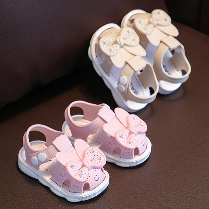 New Summer Aged 0-3 Cute Bow Rhinestone Baby Shoes For Girls Non-Slip Soft-Soled Children Toddler Kids Sandals With Covered Toes