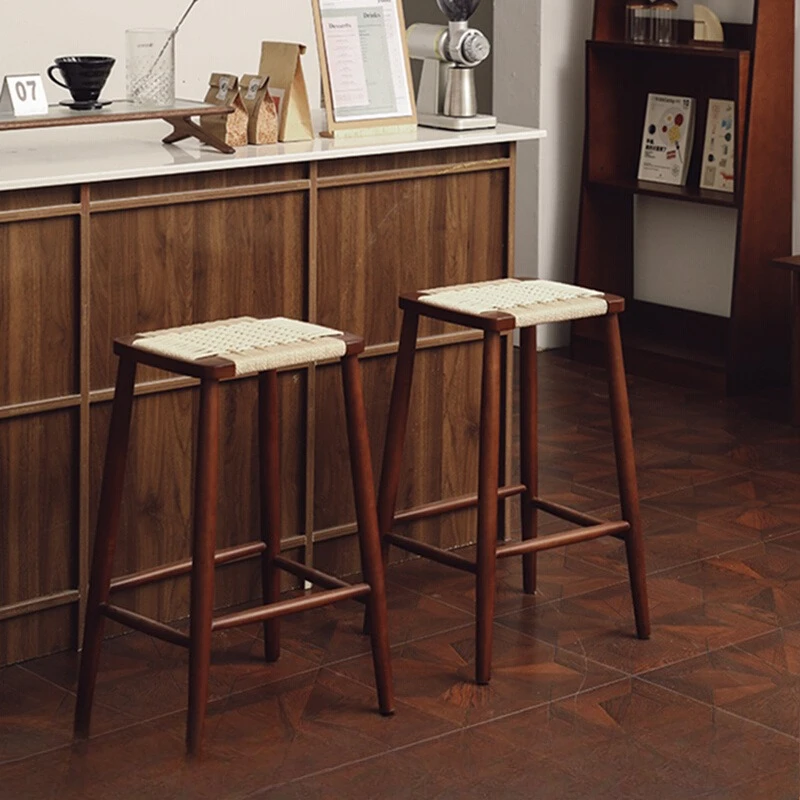 

Solid wood bar stool, cherry wood medieval rope-woven high-footed stool, bar coffee shop, island bar