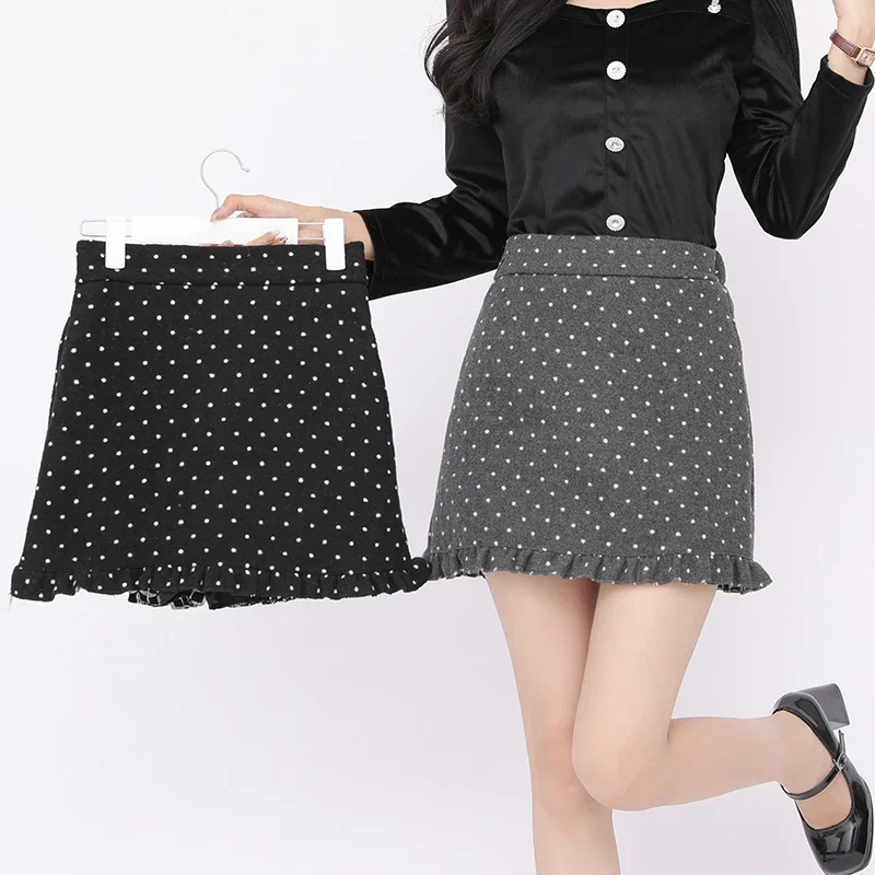 Korean Polka Dot Ruffles Skirts for Women 2025 New High Waist Slim All-match A-line Skirts Fashion Chic Woolen Skirt Streetwear