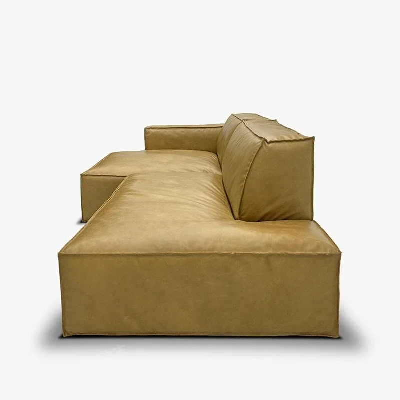 أريكة خبز التوفو المصنوعة من جلد البقر بالكامل من شمع الزيت، مجموعة وحدة بسيطة من تصميم المشاهير على الإنترنت لغرفة المعيشة أريكة من القماش غير اللامع #3