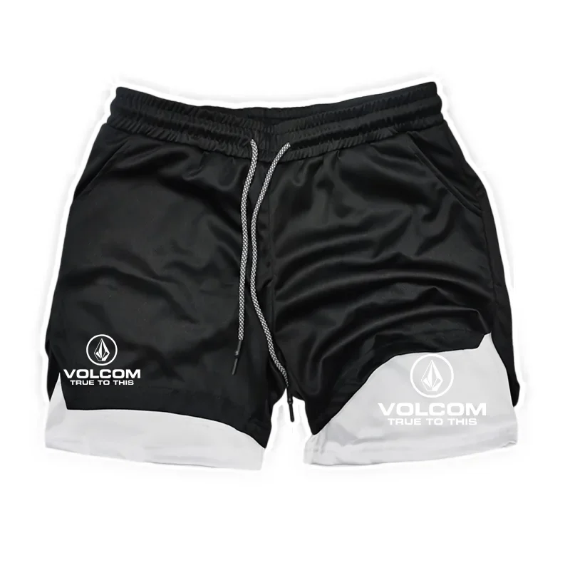 

VOLCOM Men's 2 in 1 Printed Sports Shorts Christian Gym Shorts with Compression Lining Phone Pocket Towel