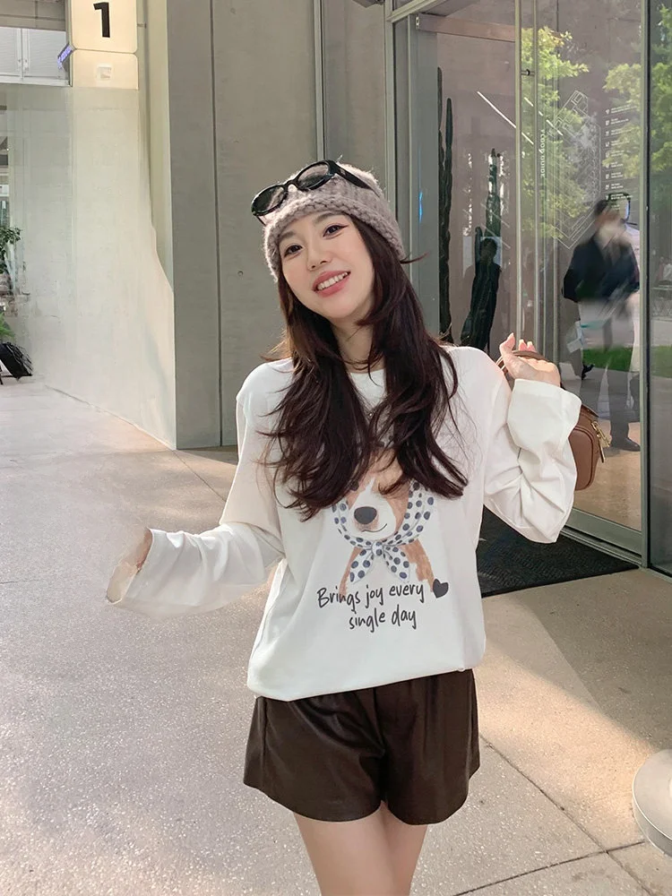 

Cheeseandkisses Lazy Cute Pet Long Sleeve T-shirt Soft Cozy Inner Wear Base Shirt Women's Loose Fit Daily Wear Polyester Blend