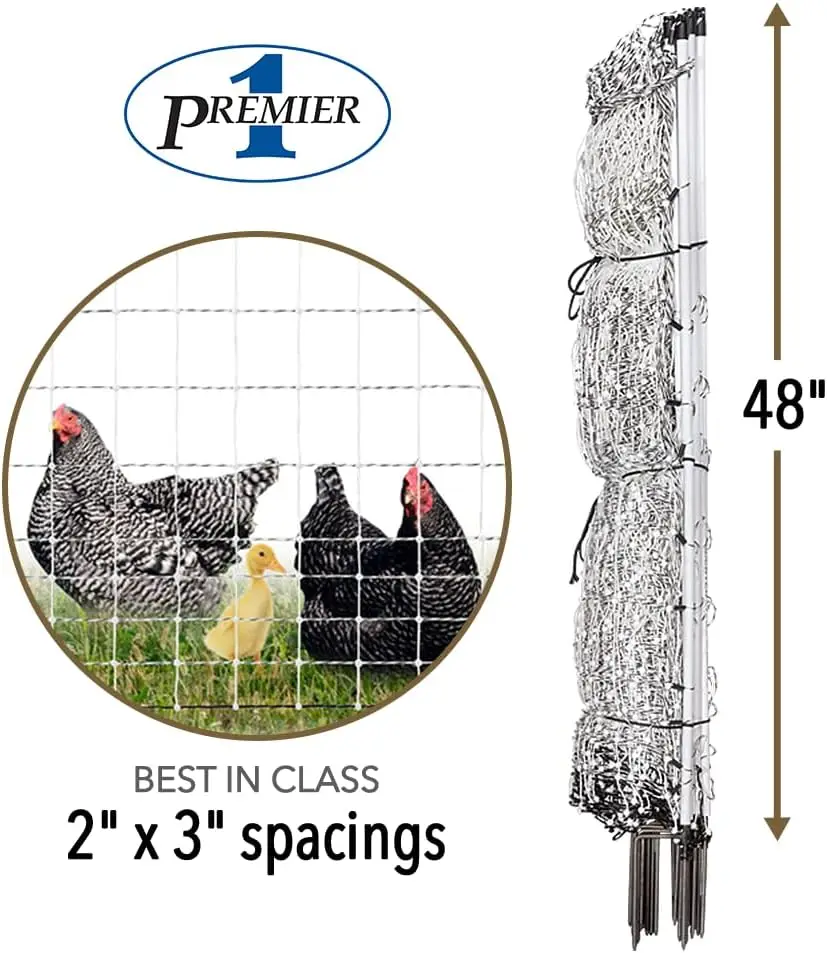 Premier 1 Poultrynet® | Electric Fence For Backyard Chickens, Ducks, Turkeys With Step-In Posts – 48