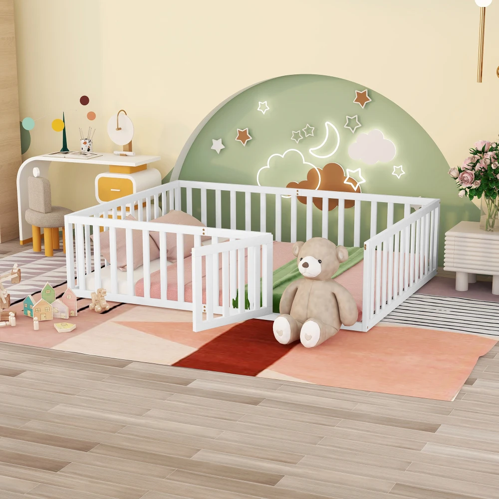 

Queen Size Wood Floor Bed Frame with Fence and Door, White(OLD SKU:WF289663AAK)