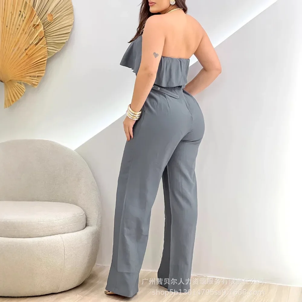 Women Strapless Sleeveless New Off-Shoulder Ruffle Belt Jumpsuit Overall Pants High Waist Solid Color Fashion