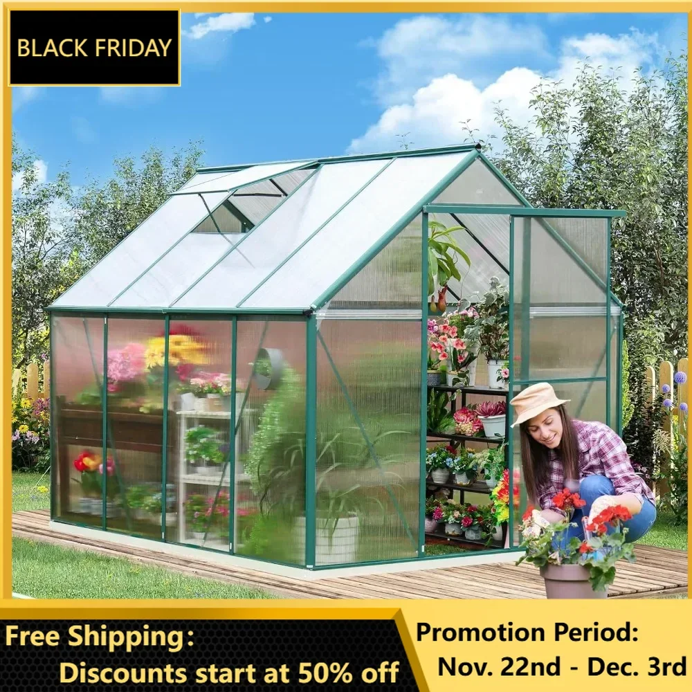 Greenhouse, 8.2x6.2 FT Polycarbonate Greenhouse Heavy Duty Aluminum Greenhouses W/ Lockable Doors & Window Walk-in Green House