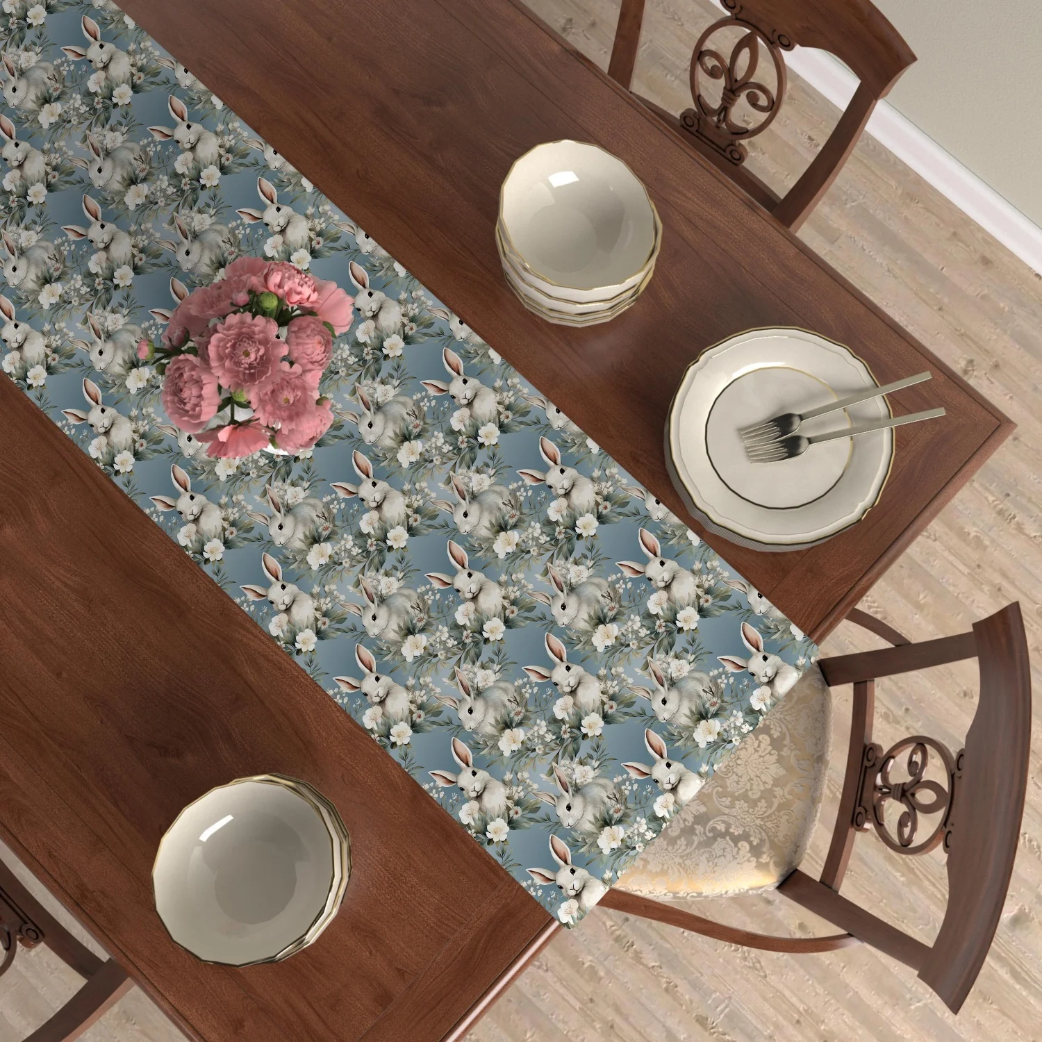 Vintage-Style Ivory Rabbit Table Runner, Soft Florals Green Foliage on Dusty Blue, Perfect for Easter & Cottagecore Table Decor