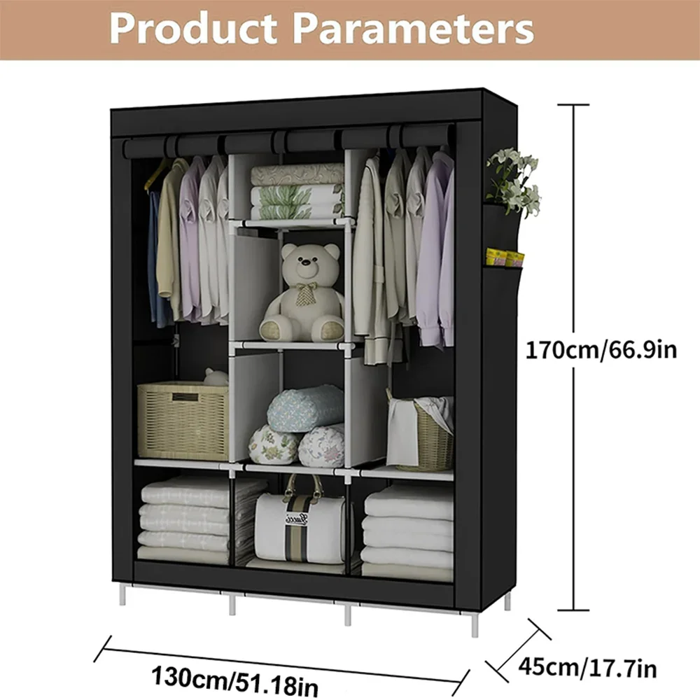 Portable wardrobe storage organizer, made of non-woven fabric, quick and easy assembly, sturdy and durable