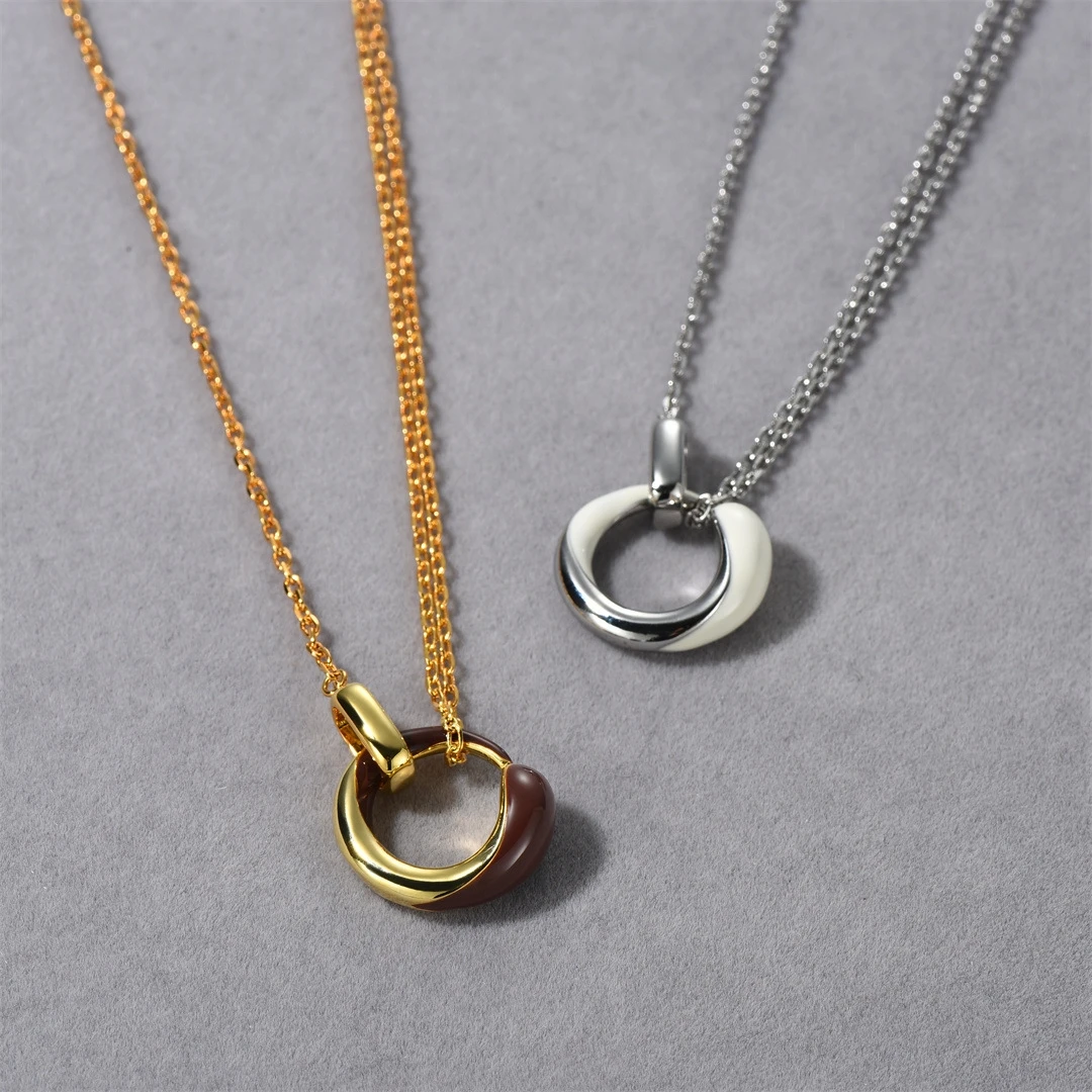 Fashion Trendy Jewelry Two-tone 925 Silver Amber Ring Brown Circle White Charm Pendant Gold Rope Chain Necklace Chic Bijoux Gift