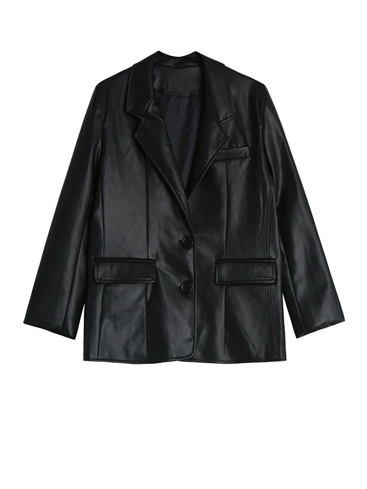 

Loose Fit Black Brief Pu Leather Casual Jacket New Lapel Long Sleeve Women Coat Fashion Tide Spring Autumn 2022 C283