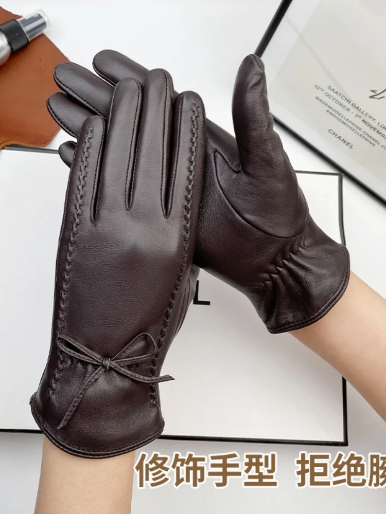AliExpress NONE Genuine Leather Gloves Women Thin Thickened Driving Cycling Cold Warm  guantes mujer Top Layer Sheepskin Gloves Light luxury