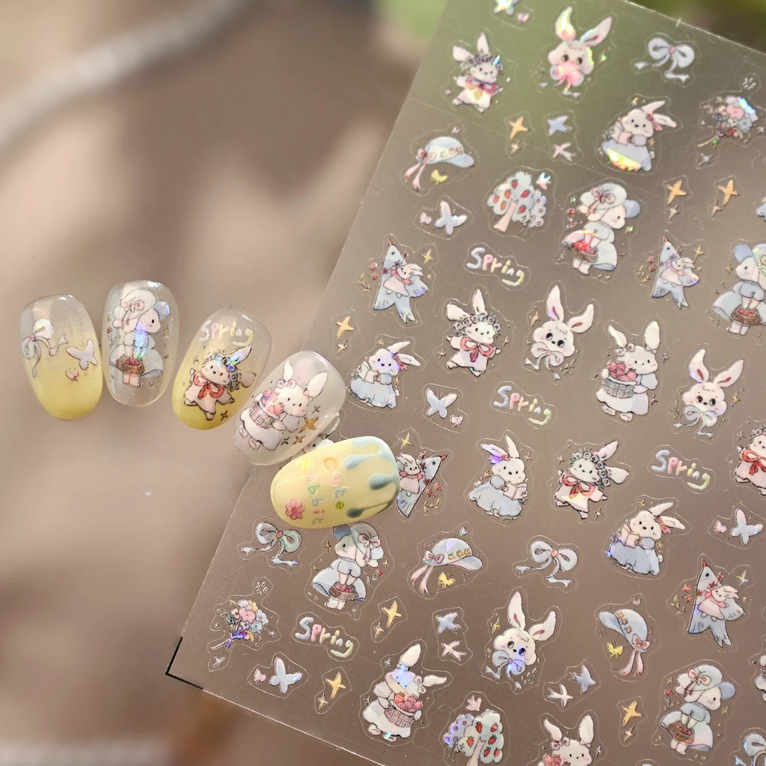 Fantasy Laser Bunny 5D Nagelkunst-Aufkleber Niedlicher Hase mit Blume Hut Kleid Stern Schmetterling Schillernde Selbstklebende Nagelsticker