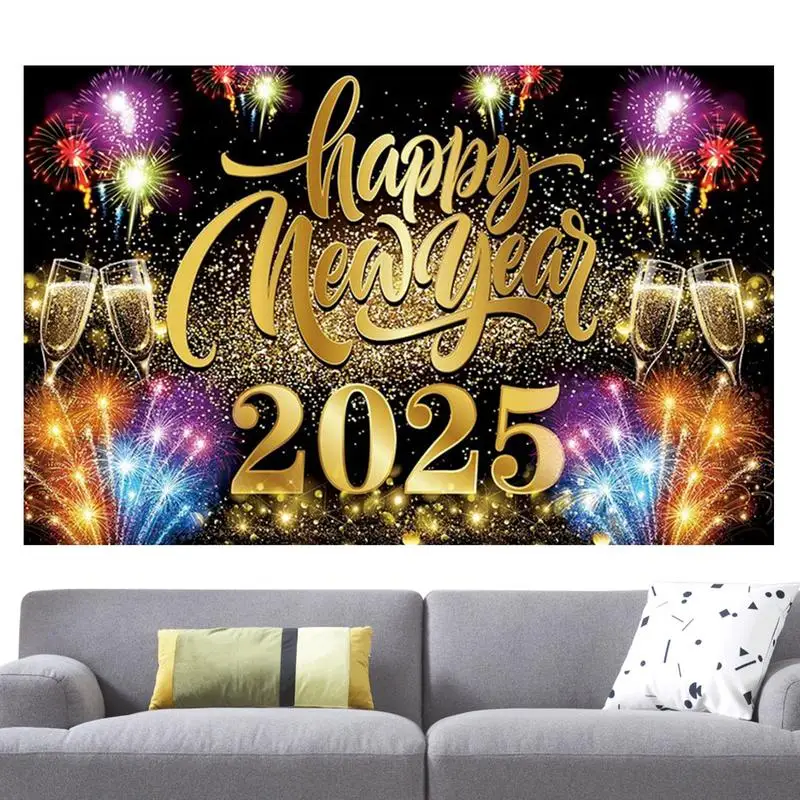 Happy New Year Background Cloth Black Gold Background Party Decoration New Year Photo Booth 71 X 43in Photo Backdrop Non-Fade