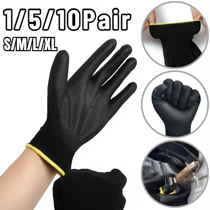 1/5/10Pair Nylon PU Gloves Safety Work Gloves Anti-static Durable Elastic Full Palm Coating Carpenter\'s Car Repair Supplies