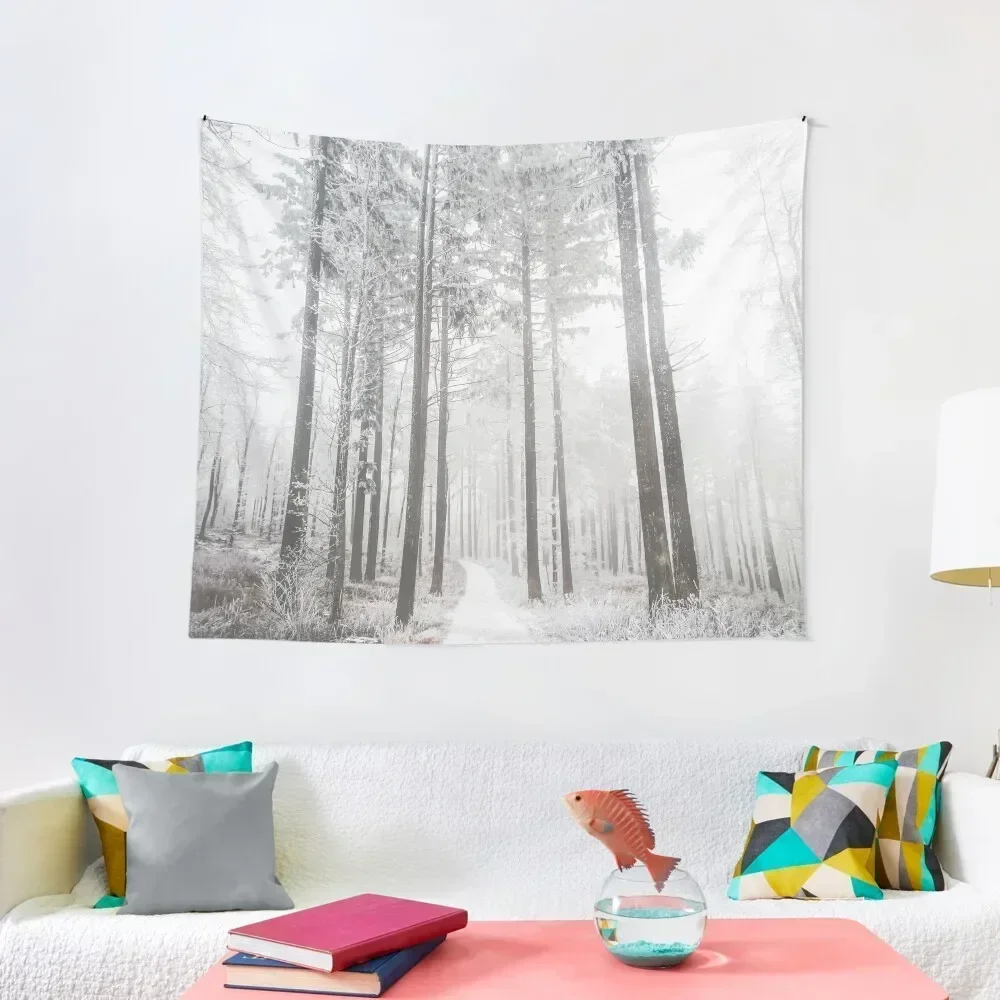 

Mysterious road in a frozen foggy forest Tapestry Wall Hanging Wall Room Decore Aesthetic Tapestry