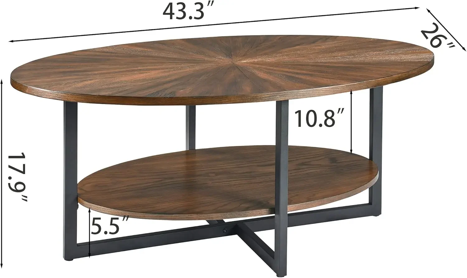 Solid Wood Oval Coffee Table with Cross Metal Legs, 43.3in Modern Industrail Center Table with Open Shelf Cocktail Tea Table