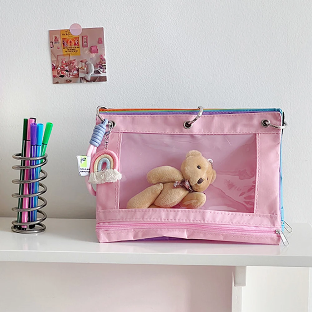 Oxford Fabric Bag Rainbow Color Sorting Bag Hangable Transparent PVC Storage Bag Children Students Stationery Bag Girls Gifts