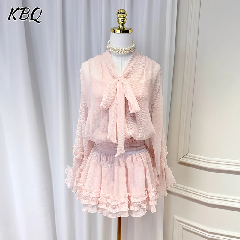 

KBQ elegant solid spliced folds loose chic dresses for women v neck long sleeve high waist temperament dress female fashion new