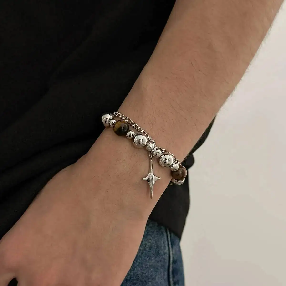 SHIXIN New Fashion Hip Hop Natural Stone Beaded Cuban Chain Bracelet Four-pointed Star Pendant for Men Trendy Aesthetic Jewelry