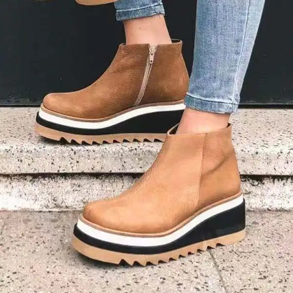 Large Size 43 Wedge Heel Ankle Boots Women\'s 2021 Autumn and Winter New Flat Side Zipper Leather Boots Women Botas De Mujer