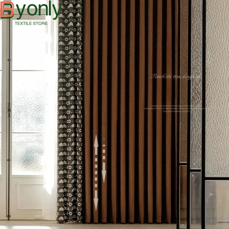 American Retro Printed Caramel Chenille Jacquard Splicing Curtains for Living Room Bedroom Partition Curtain Customization
