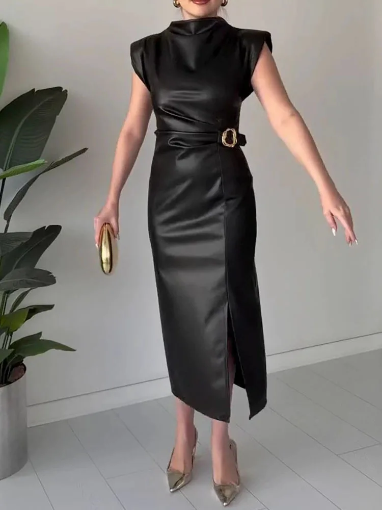 Basic casual commuting dress summer new long skirt temperament leather jacket waist cinched round neck dress