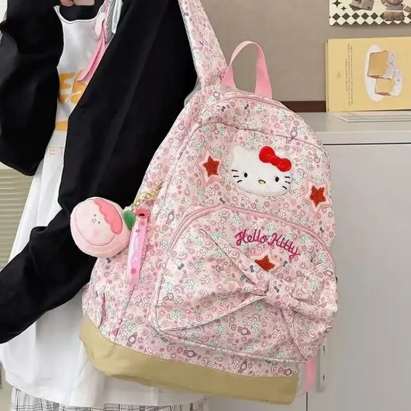 Детский рюкзак Hello Kitty Sanrios с бантом, милая школьная сумка с принтом, большая вместимость, кавайный мультфильм, студенческий холст, аниме-фигурка