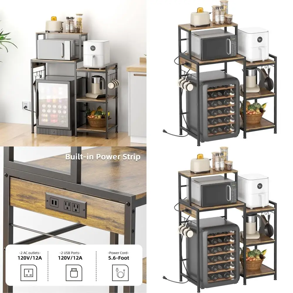 

Компактный шкаф для хранения с полками, подставка для микроволновой печи с двумя портами AC/USB, кофейный шкафчик с функцией экономии пространства