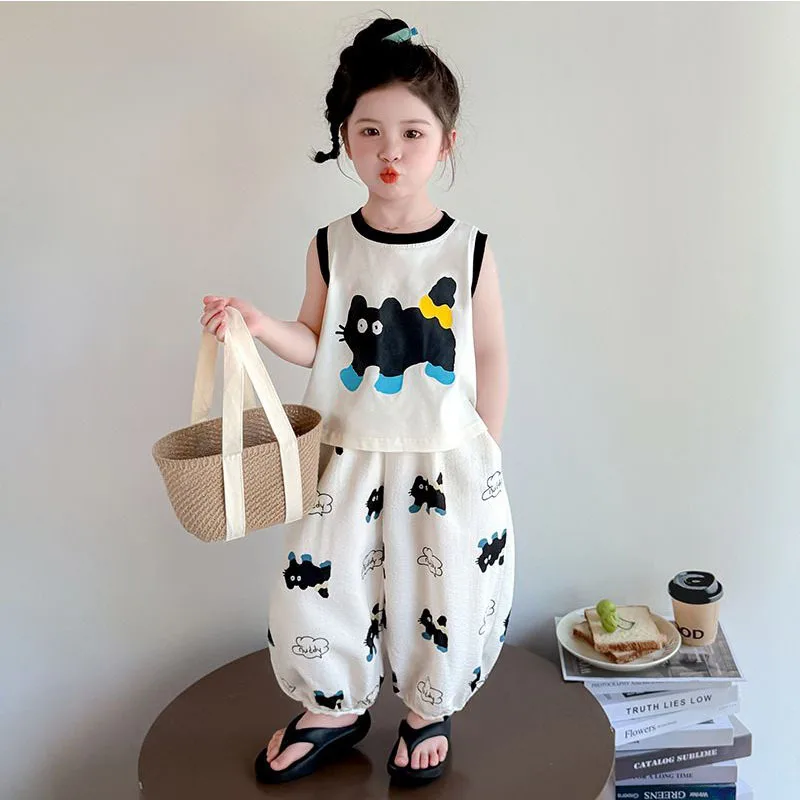 

Super cute summer anti-mosquito pants set for children2026New Summer Fashionable Cartoon Cat Print Vest for Girls