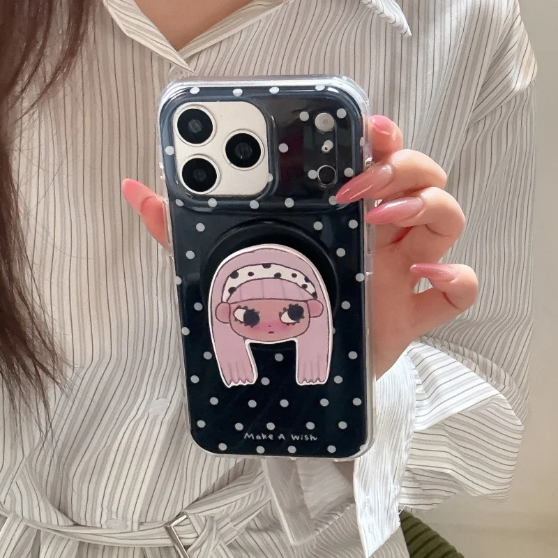 

Simple Black Polka Dots Magnetic Phone Case For iPhone 17 Pro 16 15 14 Pro Max Cover with Cute Girl Stand Protective Cases For M