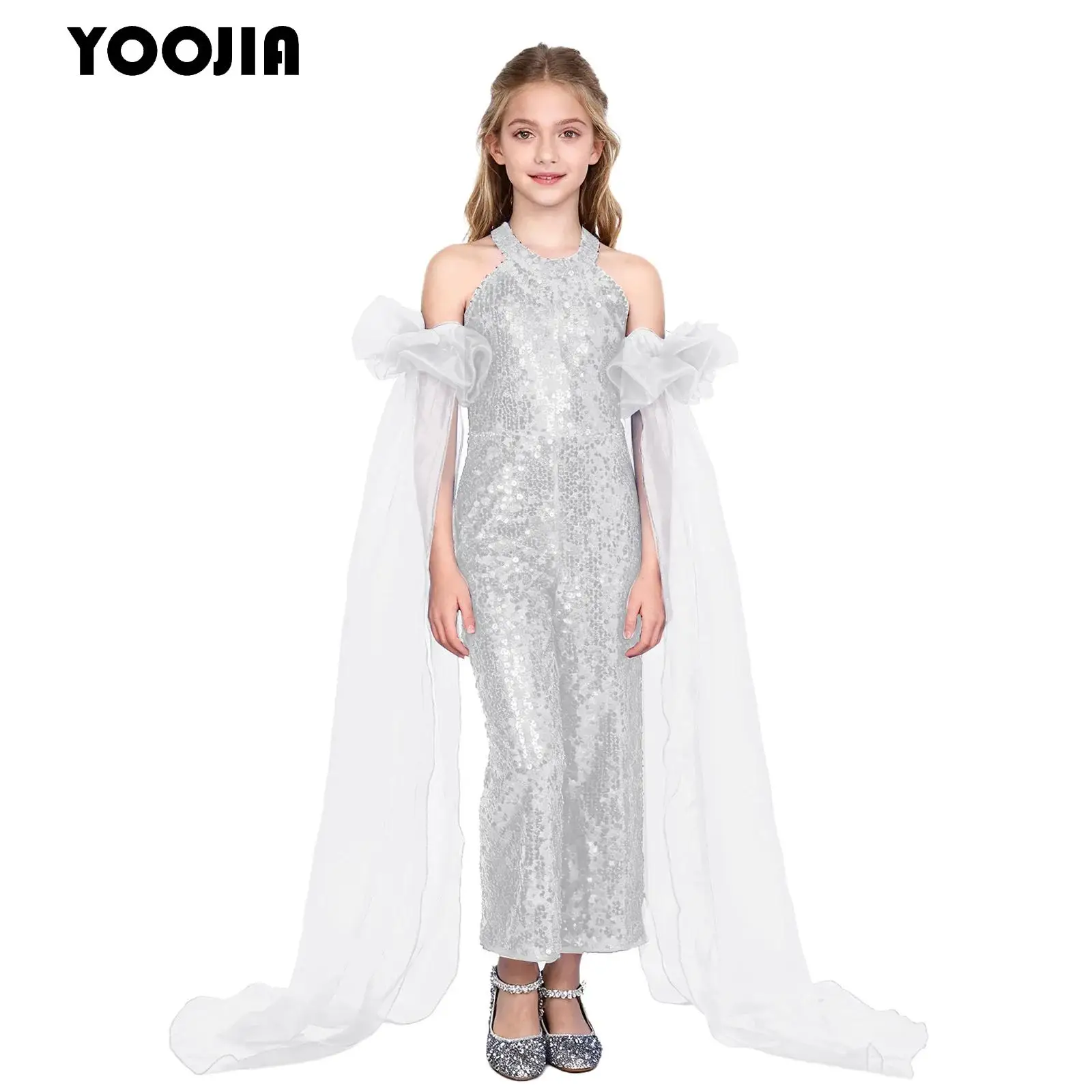 

Girls Elegant Sequin Pageant Party Rompers for Girls Halter Neck Strappy Back Sleeveless Wide Leg Pants Jumpsuit and Oversleeves