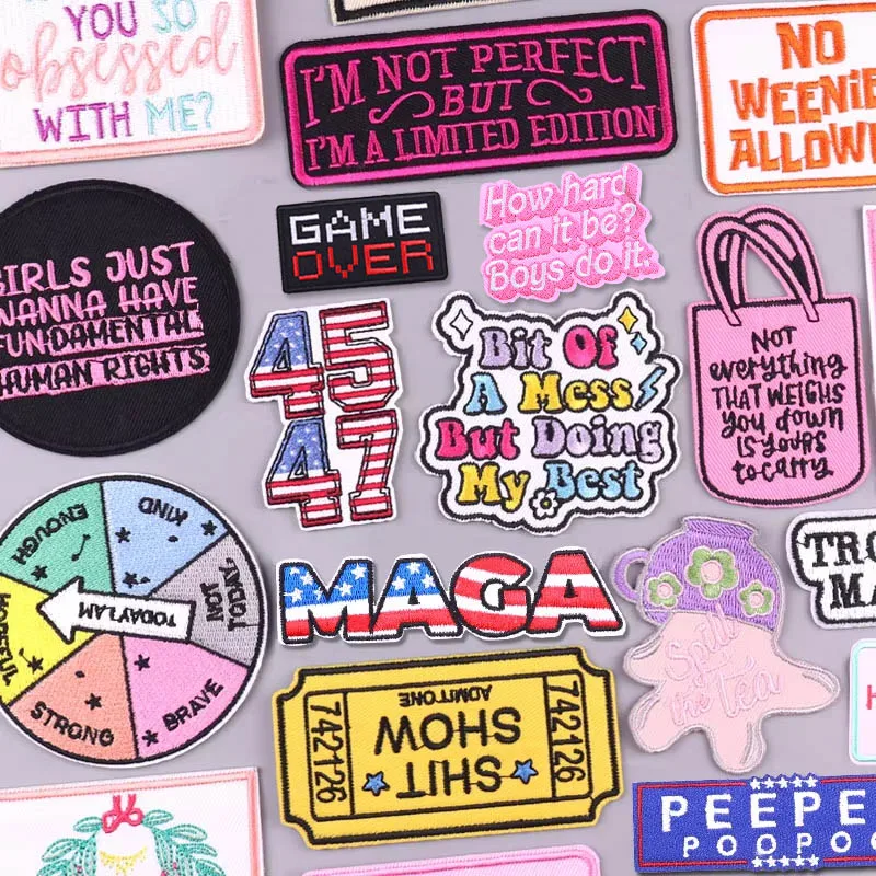 

Cartoon Personality Letter Slogan Patch Embroidered Patches Hats Jackets Backpack Sewing Badges Iron On Patches For Clothing DIY