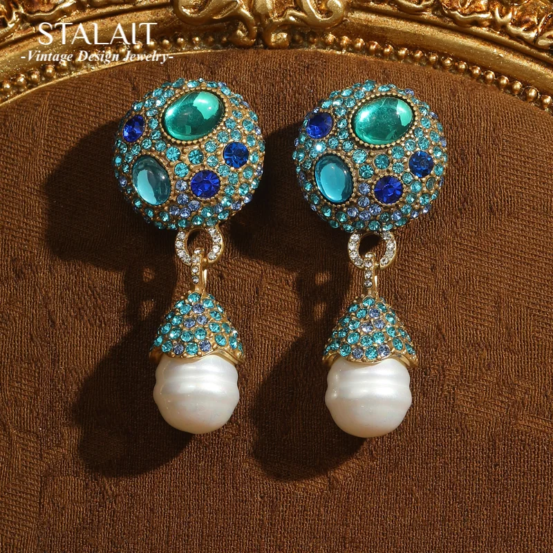 

Винтажные серьги с синим кристаллом и жемчугом, пирсинг, пресноводный опал, качество 2021, роскошные дизайнерские ювелирные аксессуары для женщин