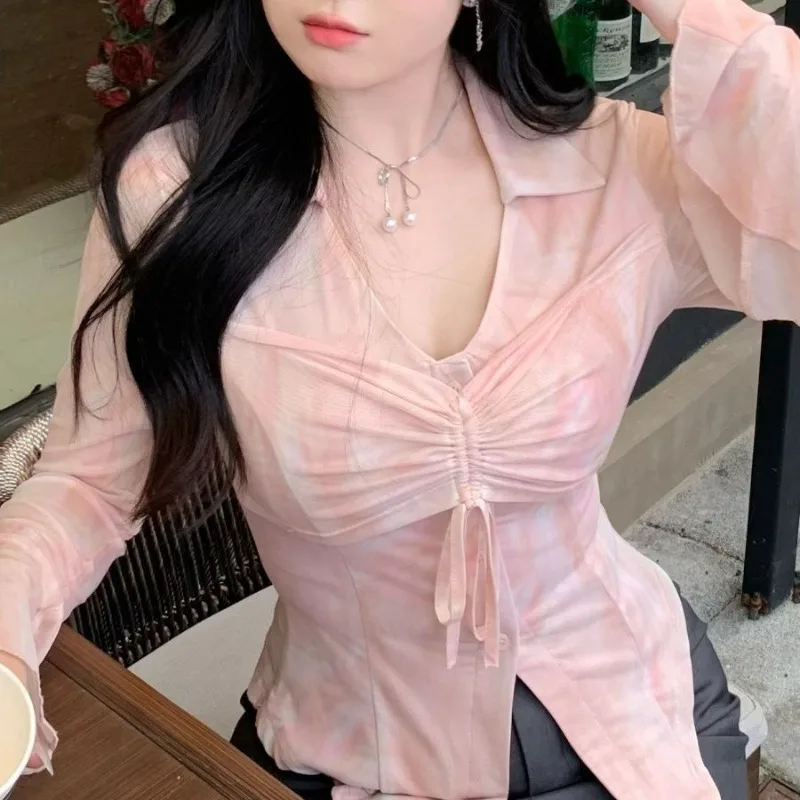 Plus Size Women's  Slim Body Design Shirt Spring Chiffon Fall Shellort 2024 New Pleated Knitted Lace-up Top Versatile Blouses