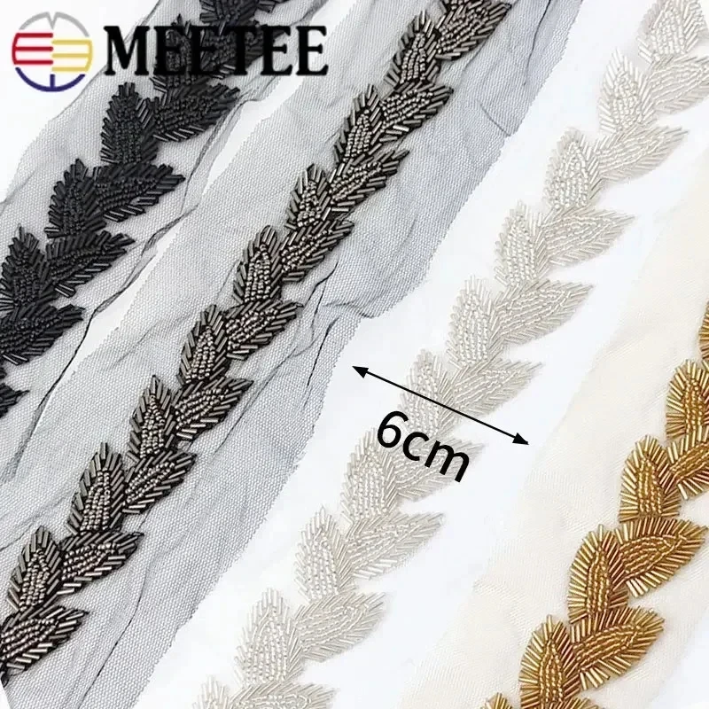 Meetee 6cm Pearl Beaded Lace Trims Leaf Mesh Fabric Ribbon Tape Band Weding Dress Collar Headdress Applique DIY Crafts