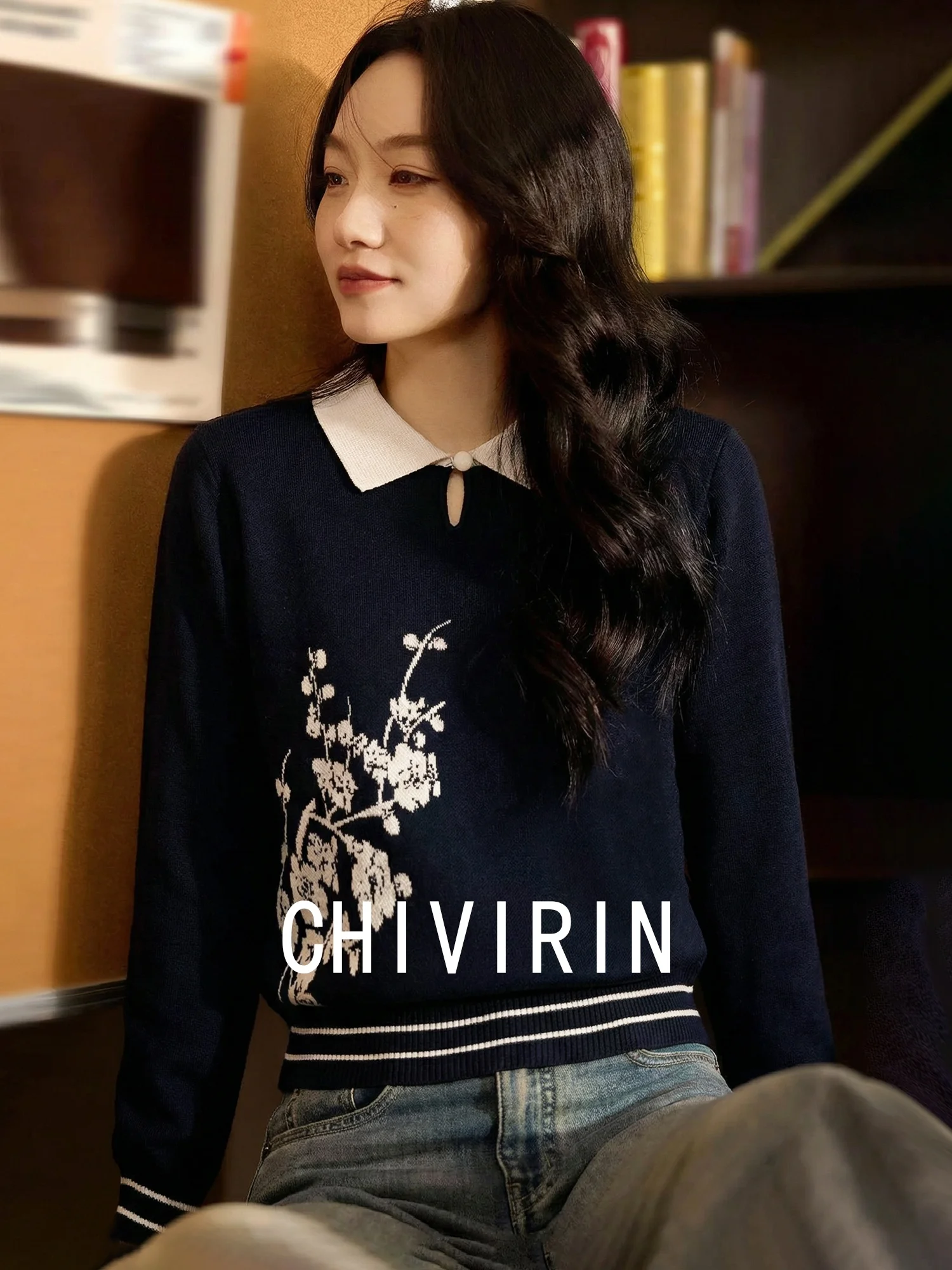 

Вязаный свитер Ele Ne для женщин, из смесовой шерсти, с цветочной вышивкой, весна-осень, повседневный топ, Chivirin, премиум качество