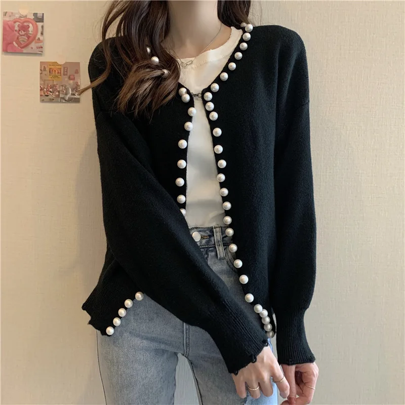 Korean Version Of The Sweater Fashion Trend Pearl Loose Sweater Ladies New Autumn And Winter Long-sleeved Solid Color Cardigan