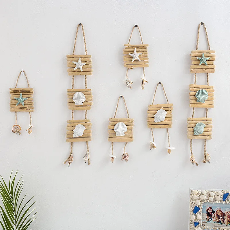 Mediterranean Home Wall Hangings Driftwood Pendant Decor Log Stitching Starfish Conch Scallop Accessories Retro Pendant