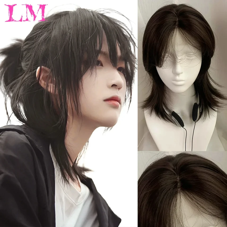 LM Short Mullet Head Wigs with Bangs Synthetic Straight Anime Men Black Gray Green Hair Wig for Daily Party Cosplay