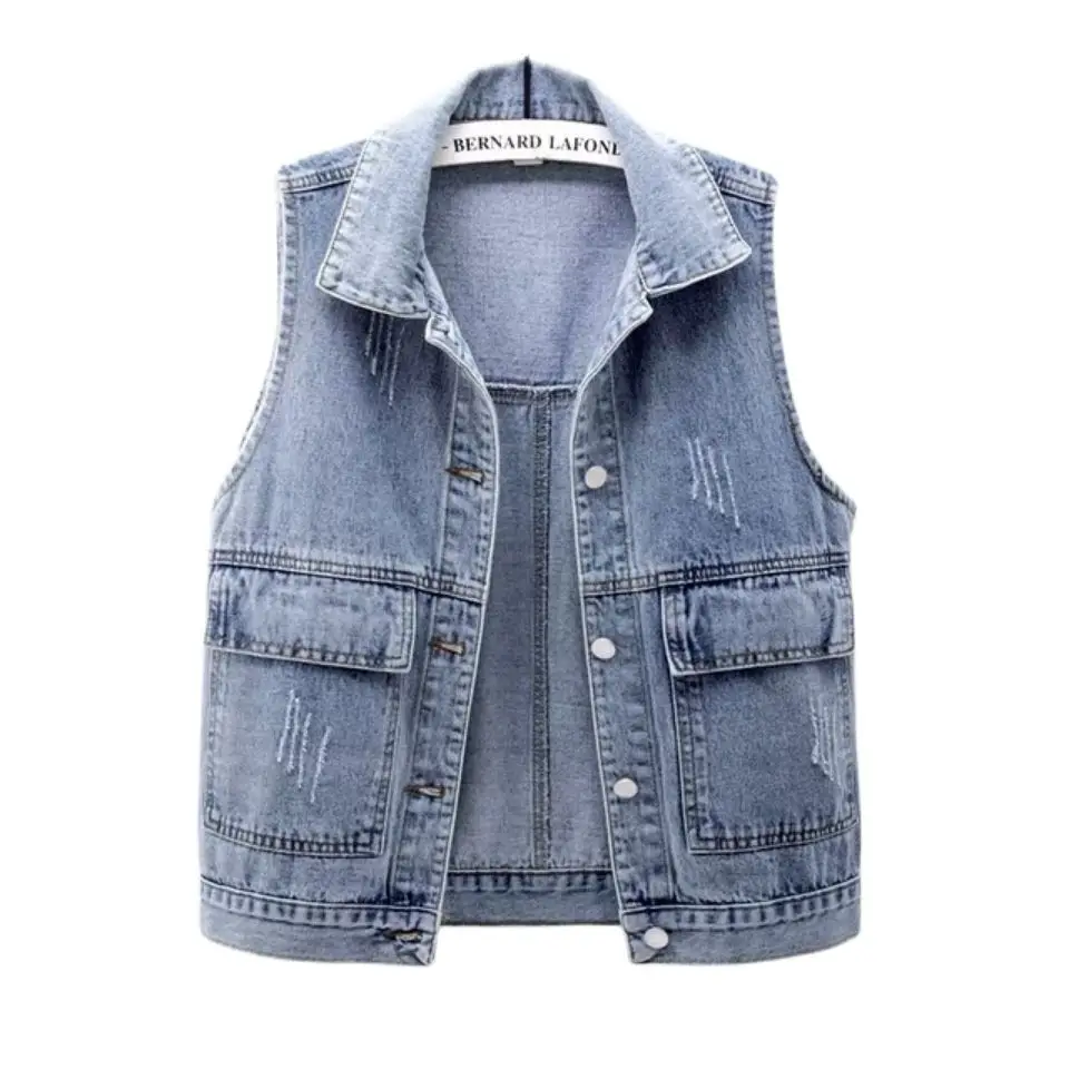 

Women Sleeveless Vest Coat Lapel Top Teens SimpleDenim Outwear Waistcoats All-Match Loose Casual Streetwear Coats