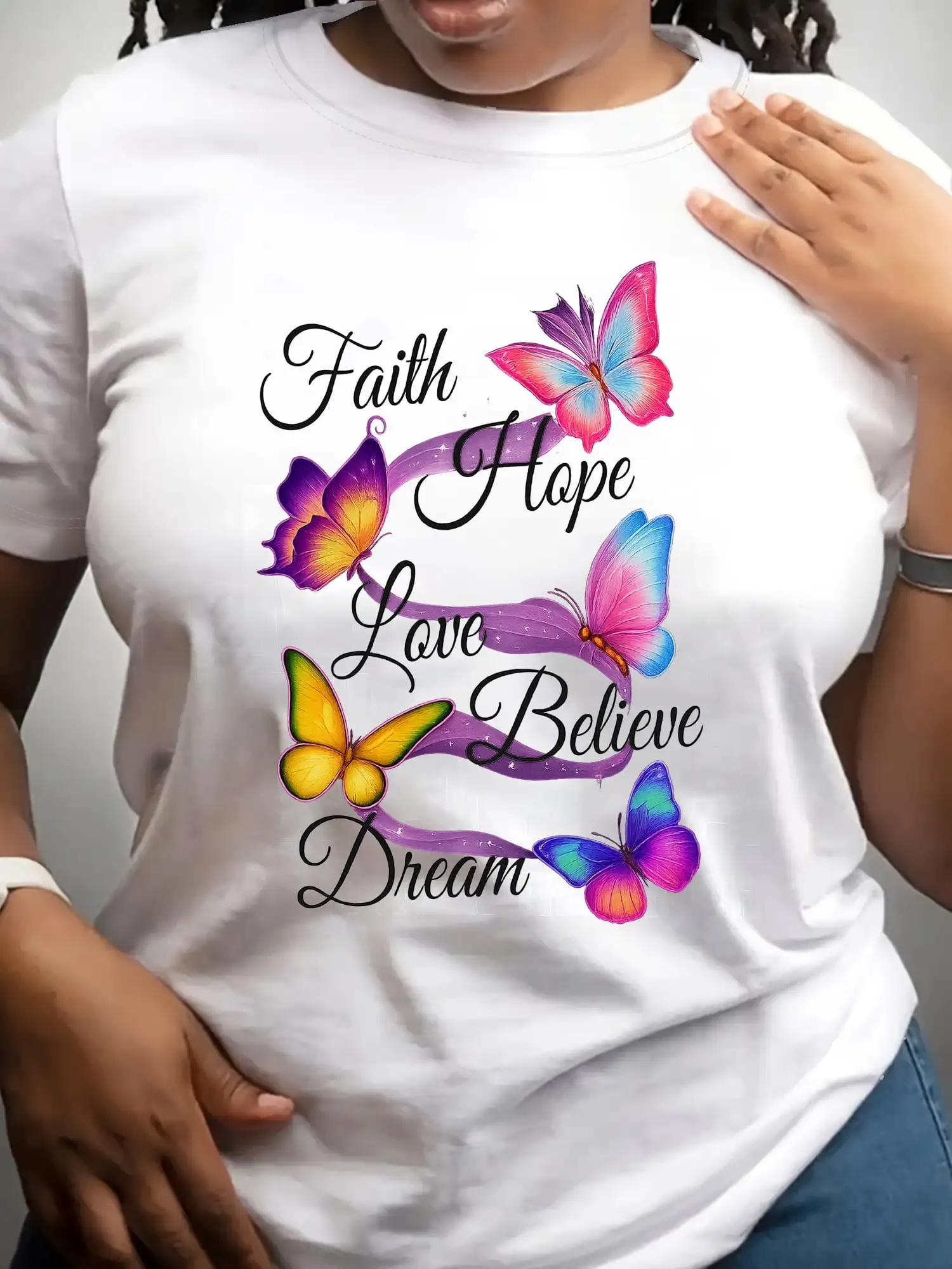 Faith Hope Love Believe Dream Graphic Tee for Inspirational Butterfly Floral Print Sleeve Casual Crew Neck Top for Daily Wear