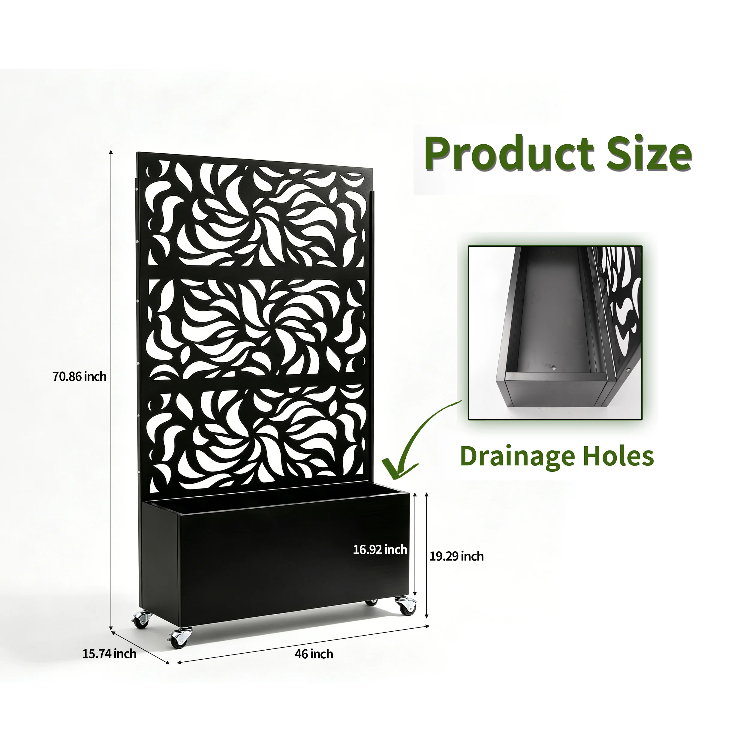 70.87" H × 46.06" W Leaf Pattern Privacy Screen with Planter Box, Black Metal Freestanding Decorative Fence Planter for Patio view 4