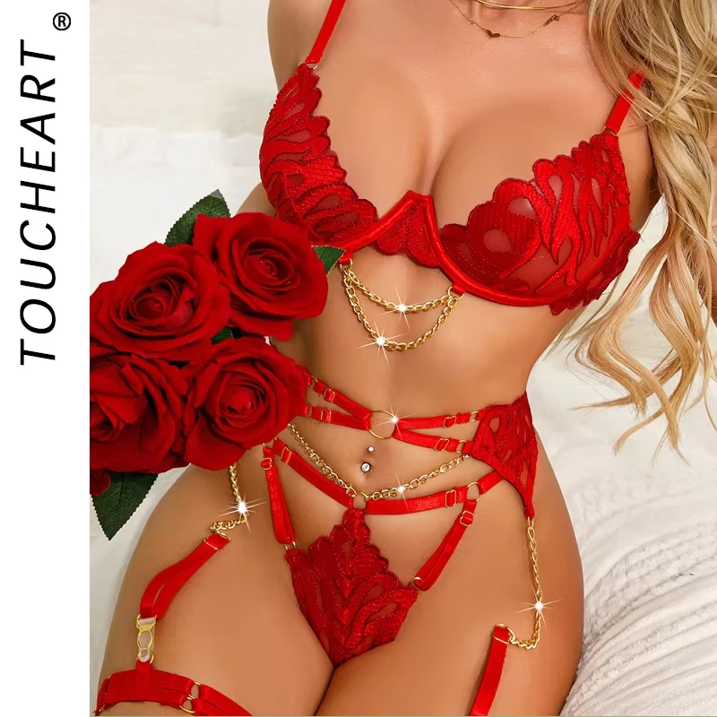 Toucheart 4-delige Set Slipje Lingerie Dames Bh Metalen Ketting Vrouwen Ondergoed Meest Sexy Bh Corset Fancy Kleding Sexy Lingere