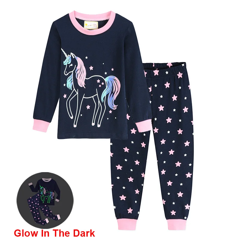 Little Hand Girls Glow In The Dark Pajama Set Unicorn Dinosaur Print  Long Sleeve Top And Pants Cotton 2Piece Sleepwear for 2‑7Y
