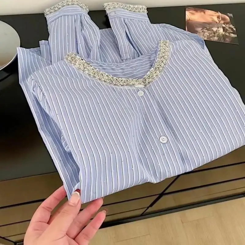 

Korean Heavy Diamond Sequin Blue Striped Tops Mujer Y2k E-girls Lazy Loose Long Sleeve Shirt 2025 Early Autumn New Blouses
