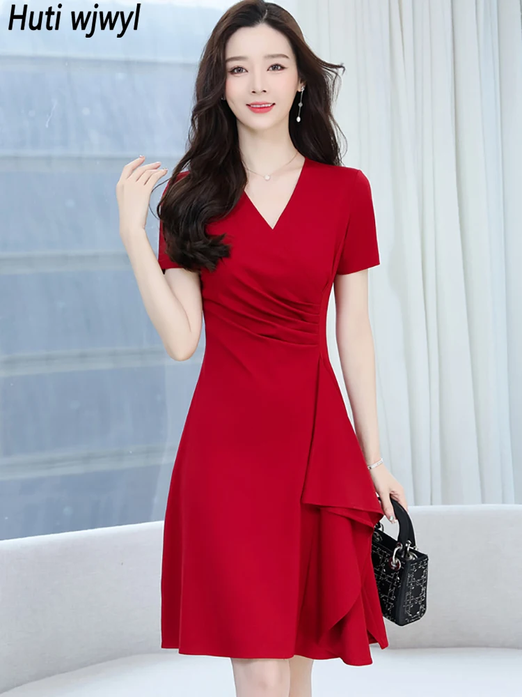 2024 Black Short Sleeve Chic Prom Pleated Midi Dresses Women Elegant Office Lady Dress Summer Korean Bodycon Red Formal Vestidos