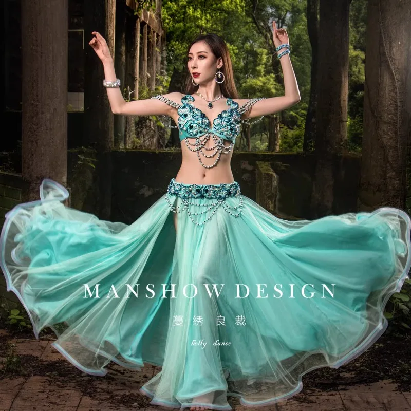 

customized belly dance costume women's new performance outfit sexy tassel fairy chiffon dress Tiffany blue suit bellydance skirt